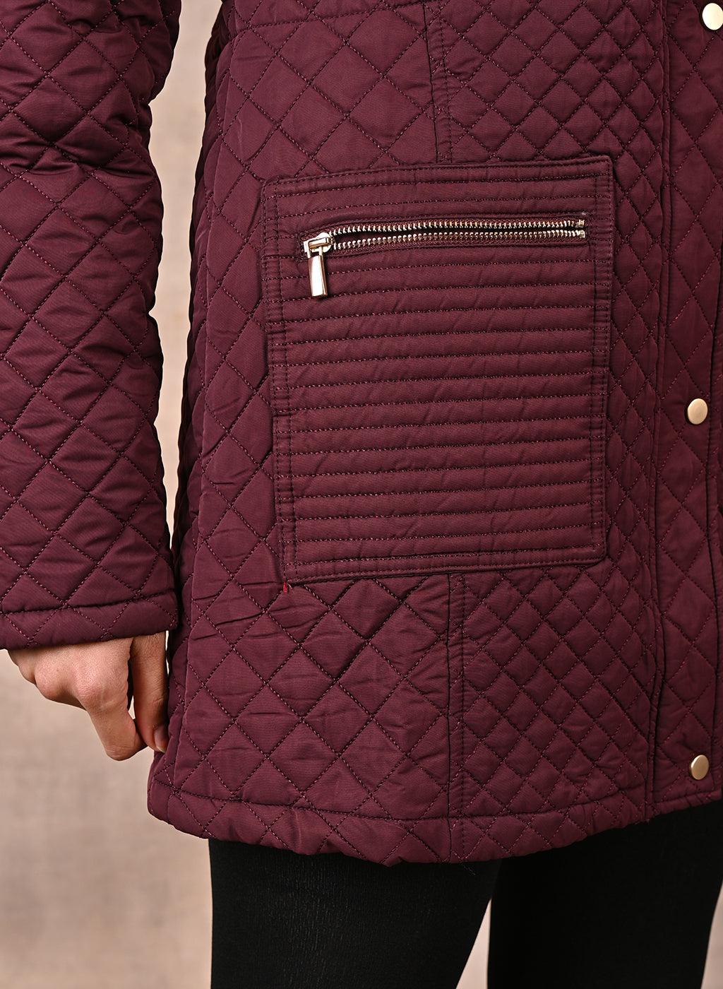 Maroon Quilted Jacket with attached Hood - Lakshita