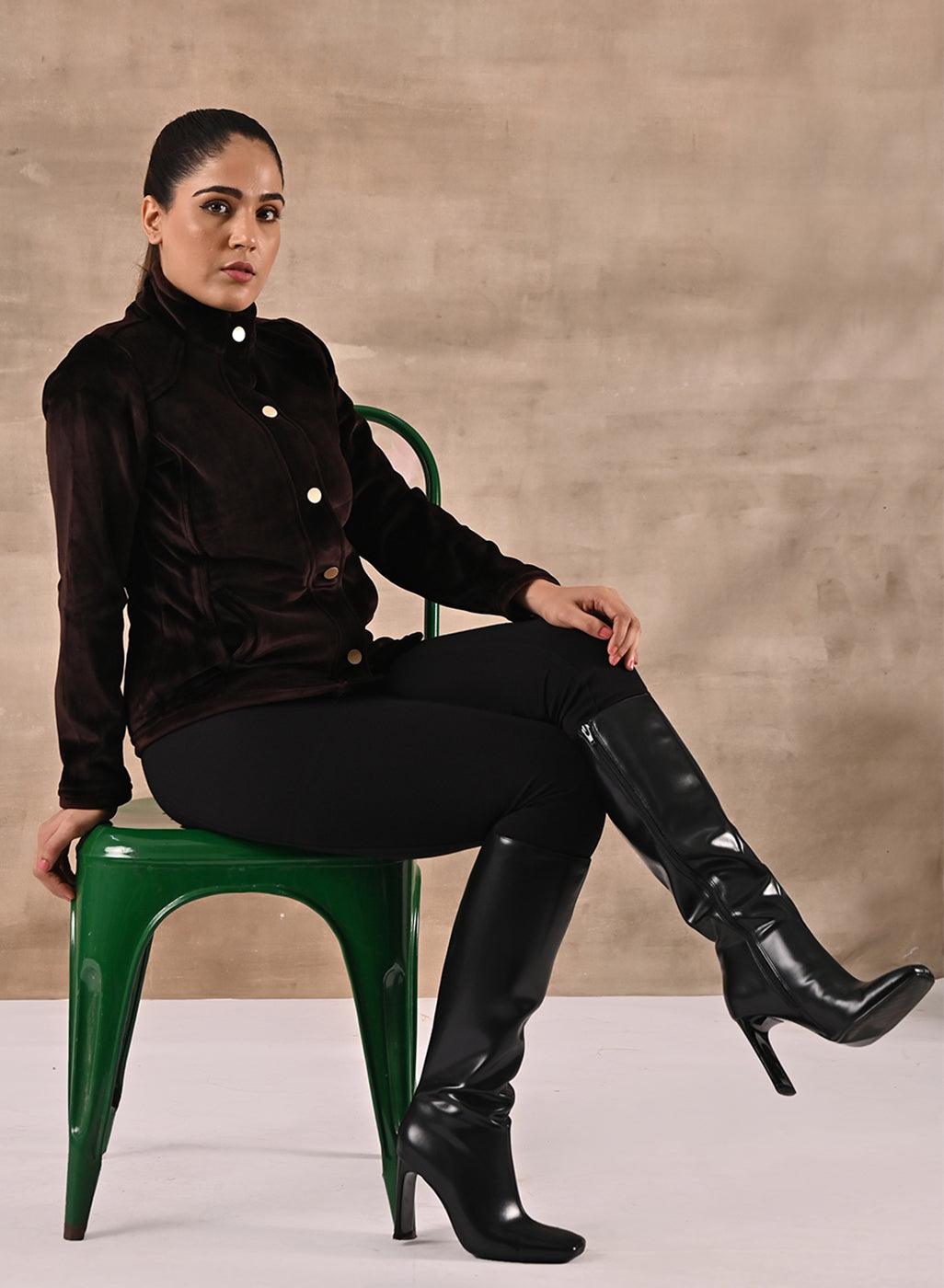 Brown Corduroy High Neck Jacket with Button Detailing - Lakshita