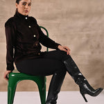 Brown Corduroy High Neck Jacket with Button Detailing - Lakshita