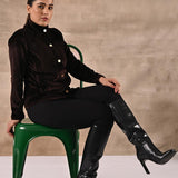 Brown Corduroy High Neck Jacket with Button Detailing - Lakshita