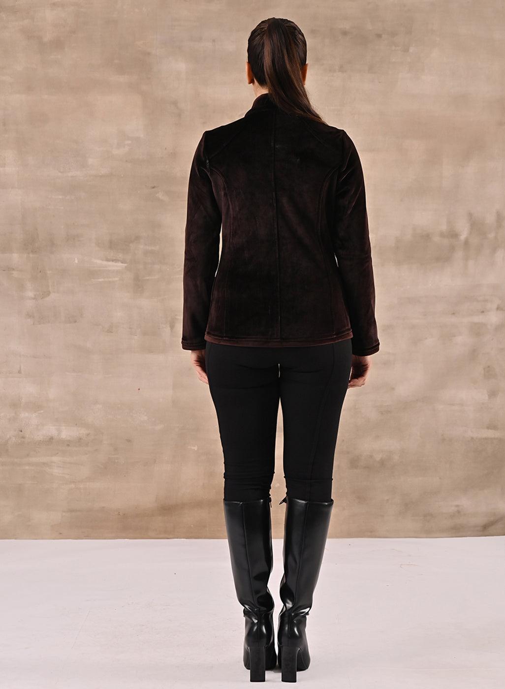 Brown Corduroy High Neck Jacket with Button Detailing - Lakshita