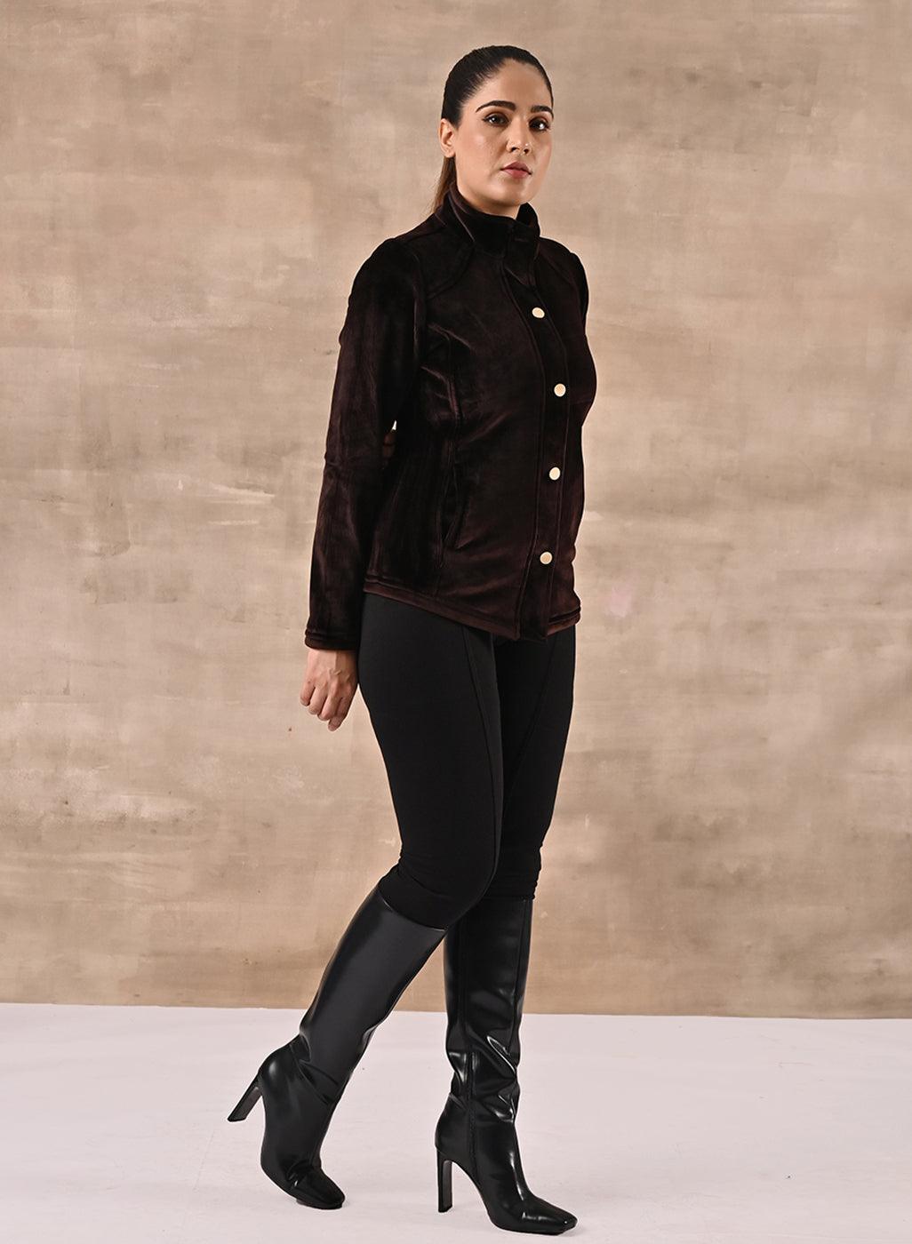 Brown Corduroy High Neck Jacket with Button Detailing - Lakshita