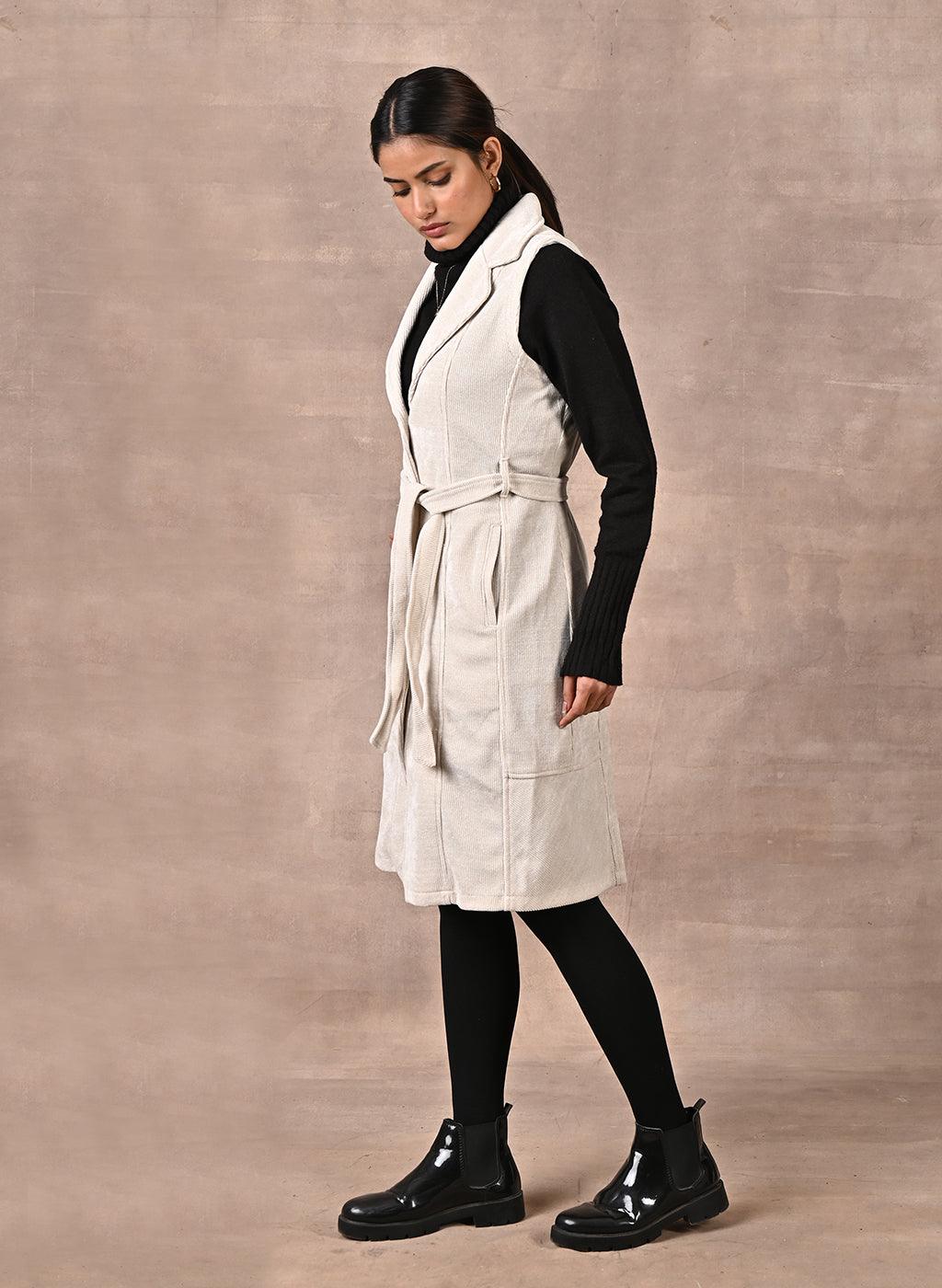 White Sleeveless Corduroy Trench Coat - Lakshita