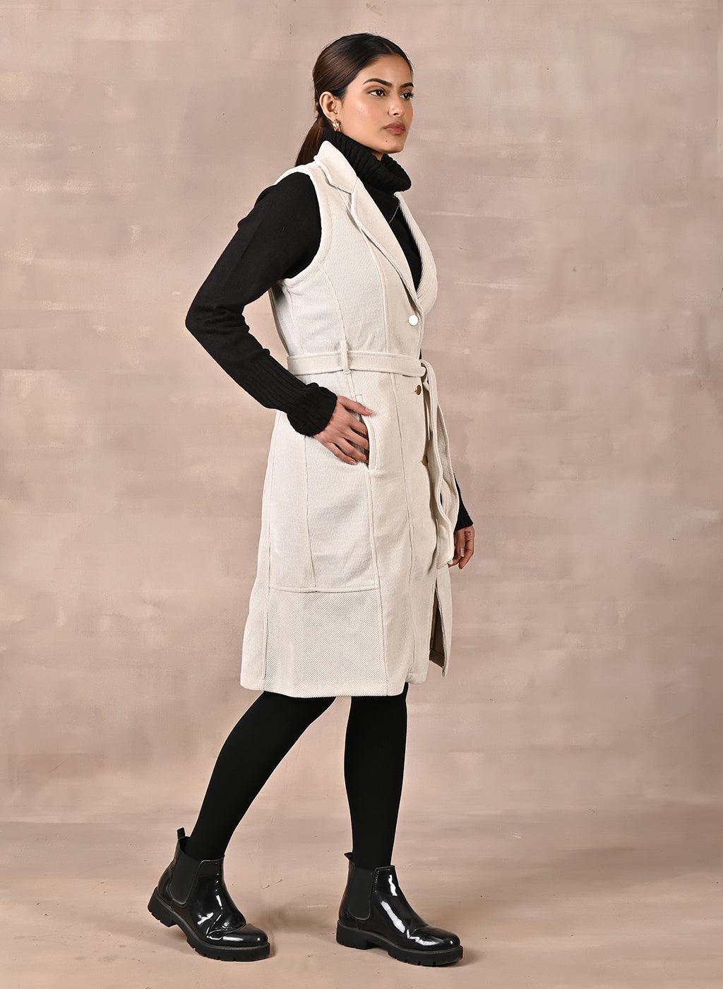 White Sleeveless Corduroy Trench Coat - Lakshita
