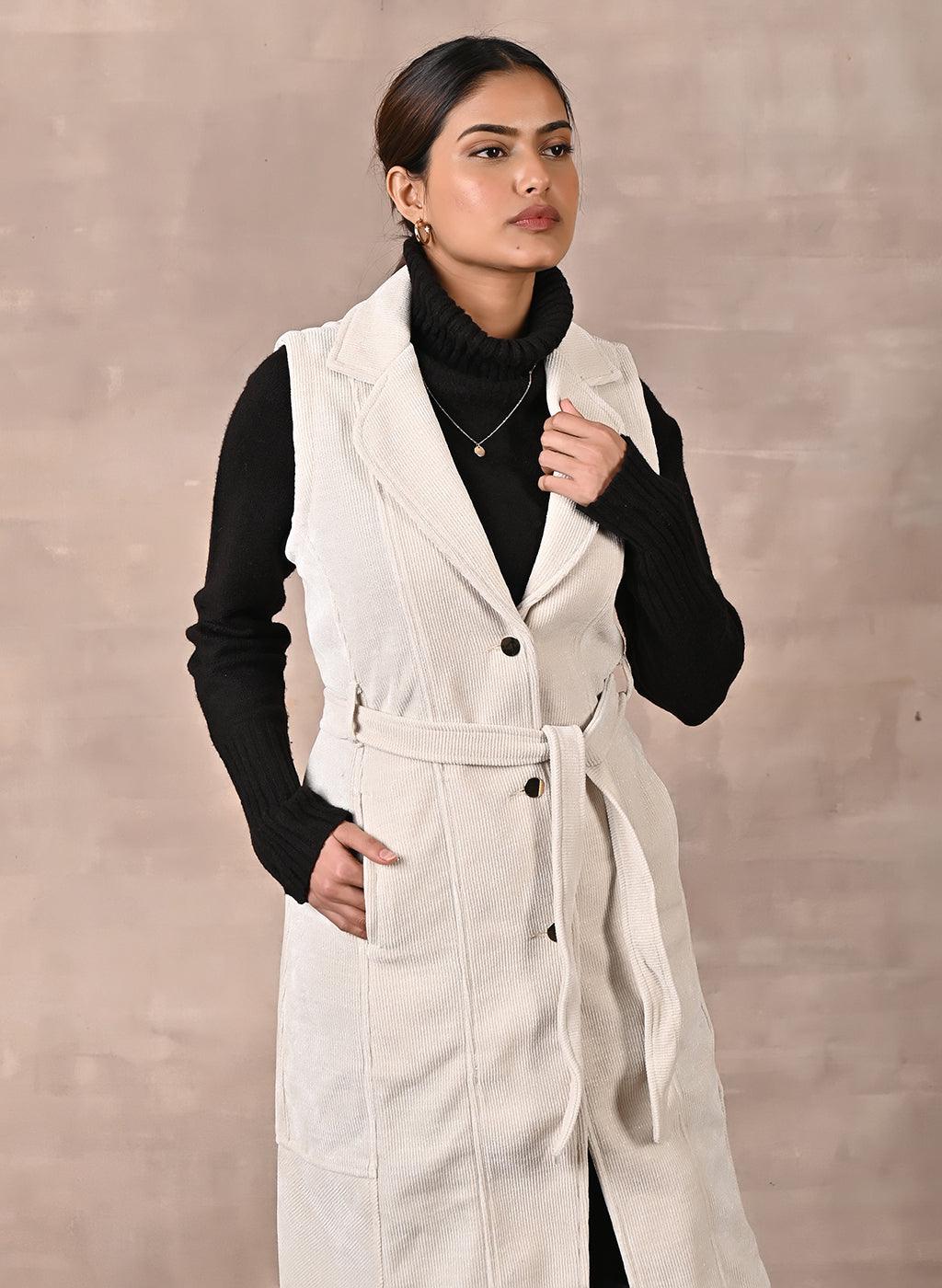White Sleeveless Corduroy Trench Coat - Lakshita