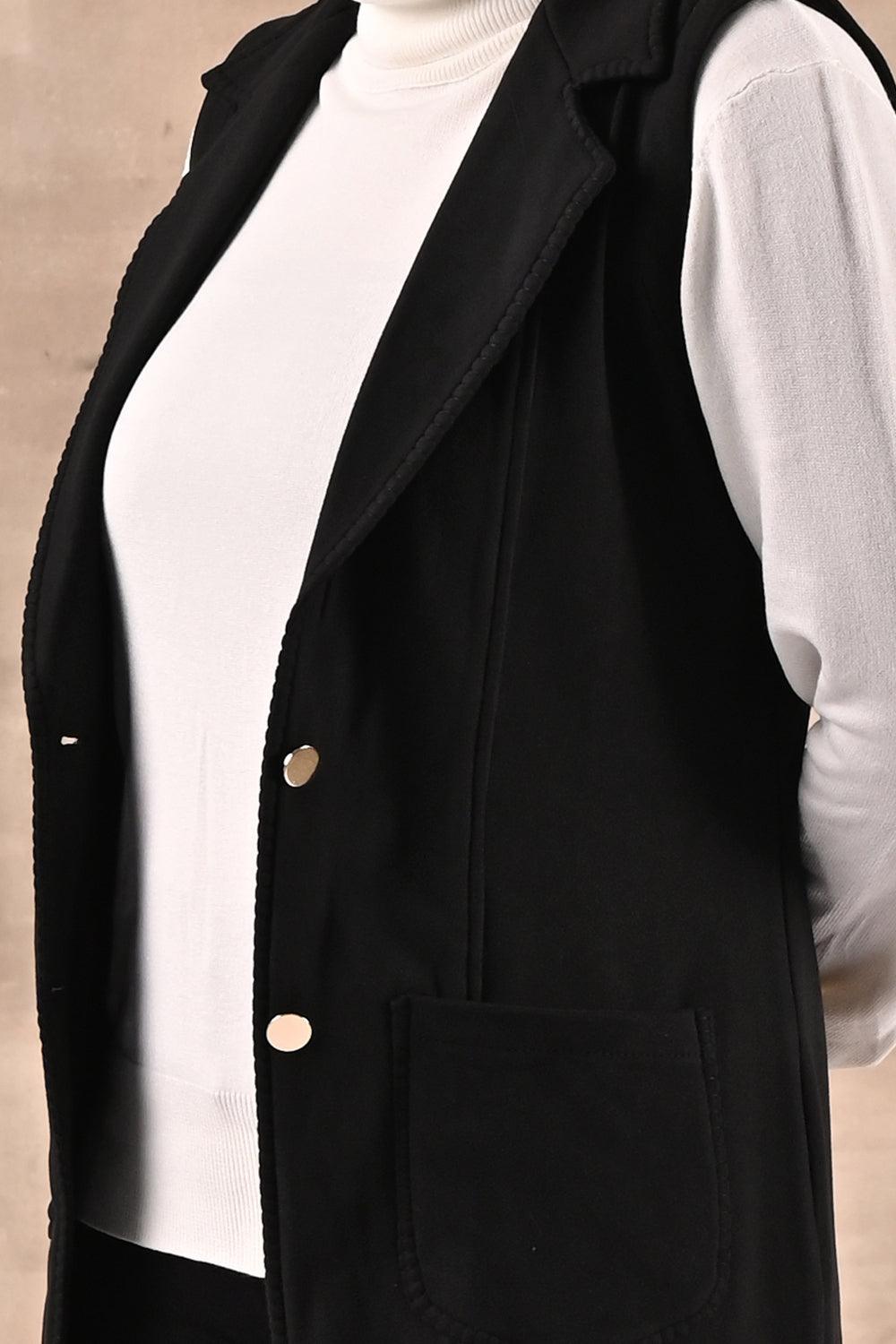 Black Sleeveless Trench Coat with Notch Collar - Lakshita