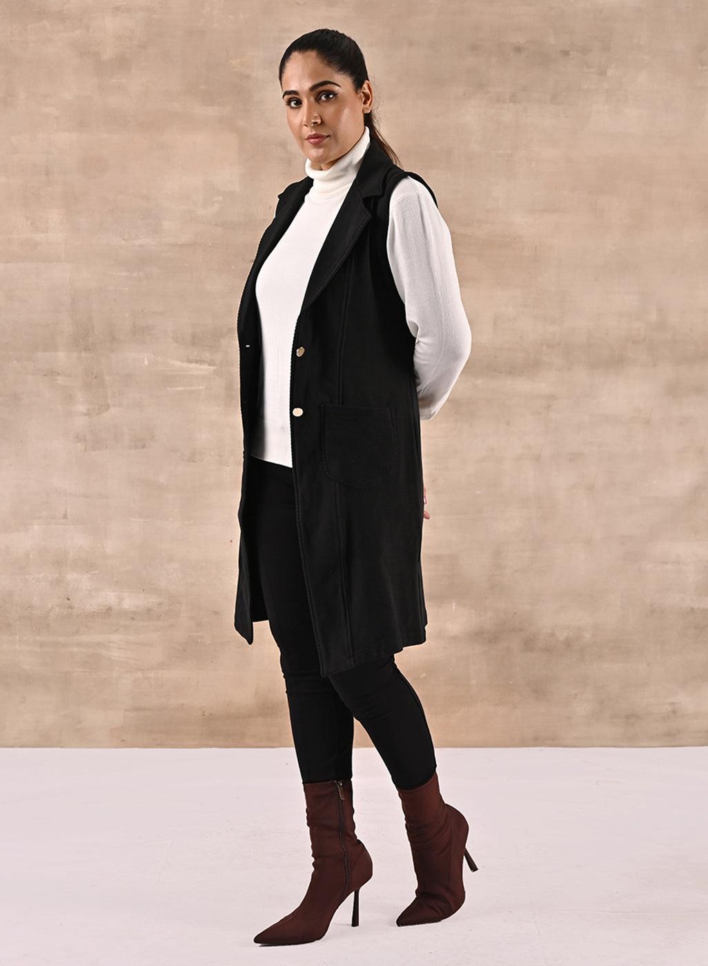 Black Sleeveless Trench Coat with Notch Collar-22WLFJ0465-6 – Lakshita