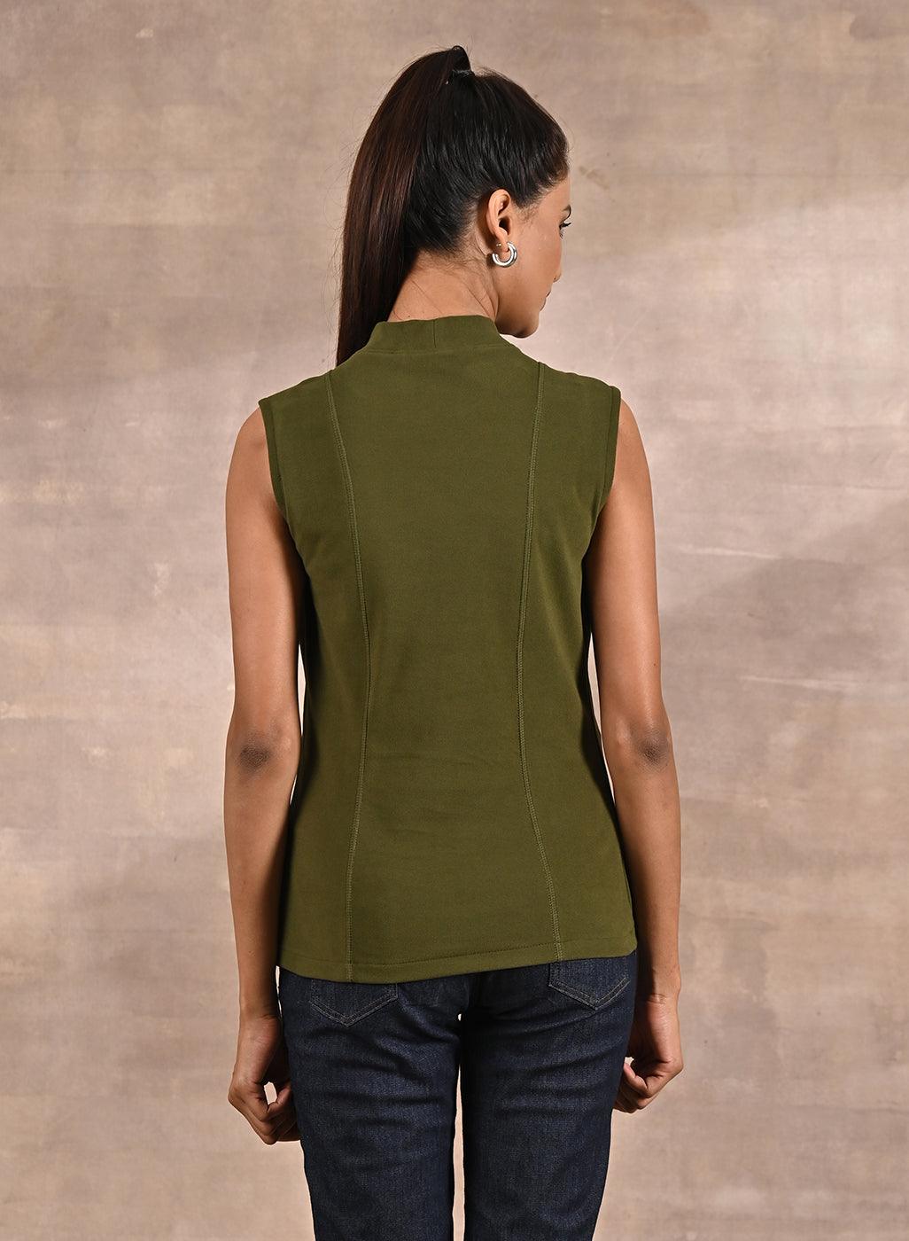Olive Sleeveless Winter Top with Fine Stich Detailing - Lakshita