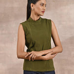 Olive Sleeveless Winter Top with Fine Stich Detailing - Lakshita