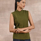 Olive Sleeveless Winter Top with Fine Stich Detailing - Lakshita