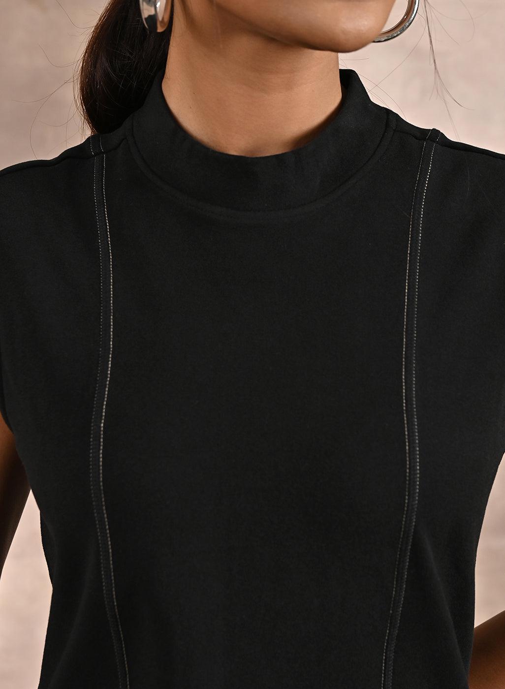 Black Sleeveless Winter Top with Fine Stich Detailing - Lakshita