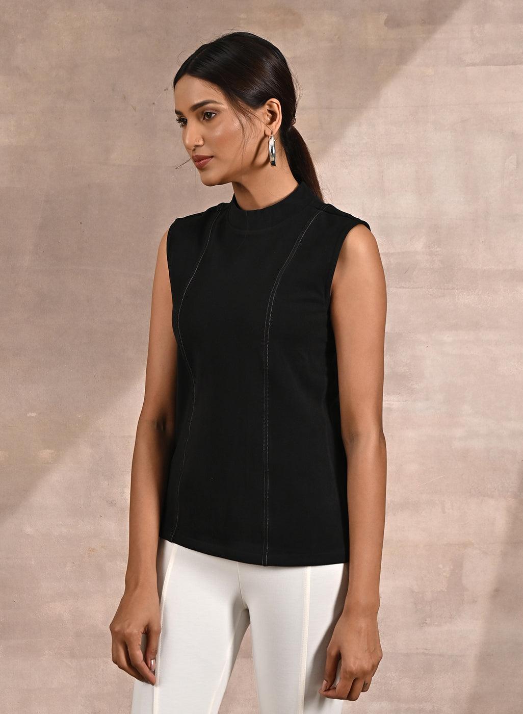Black Sleeveless Winter Top with Fine Stich Detailing - Lakshita