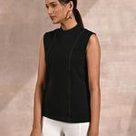 Black Sleeveless Winter Top with Fine Stich Detailing - Lakshita