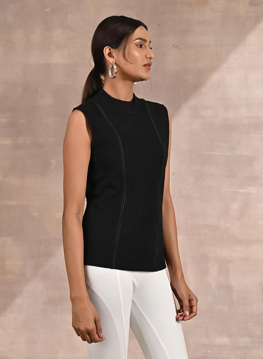 Black Sleeveless Winter Top with Fine Stich Detailing - Lakshita