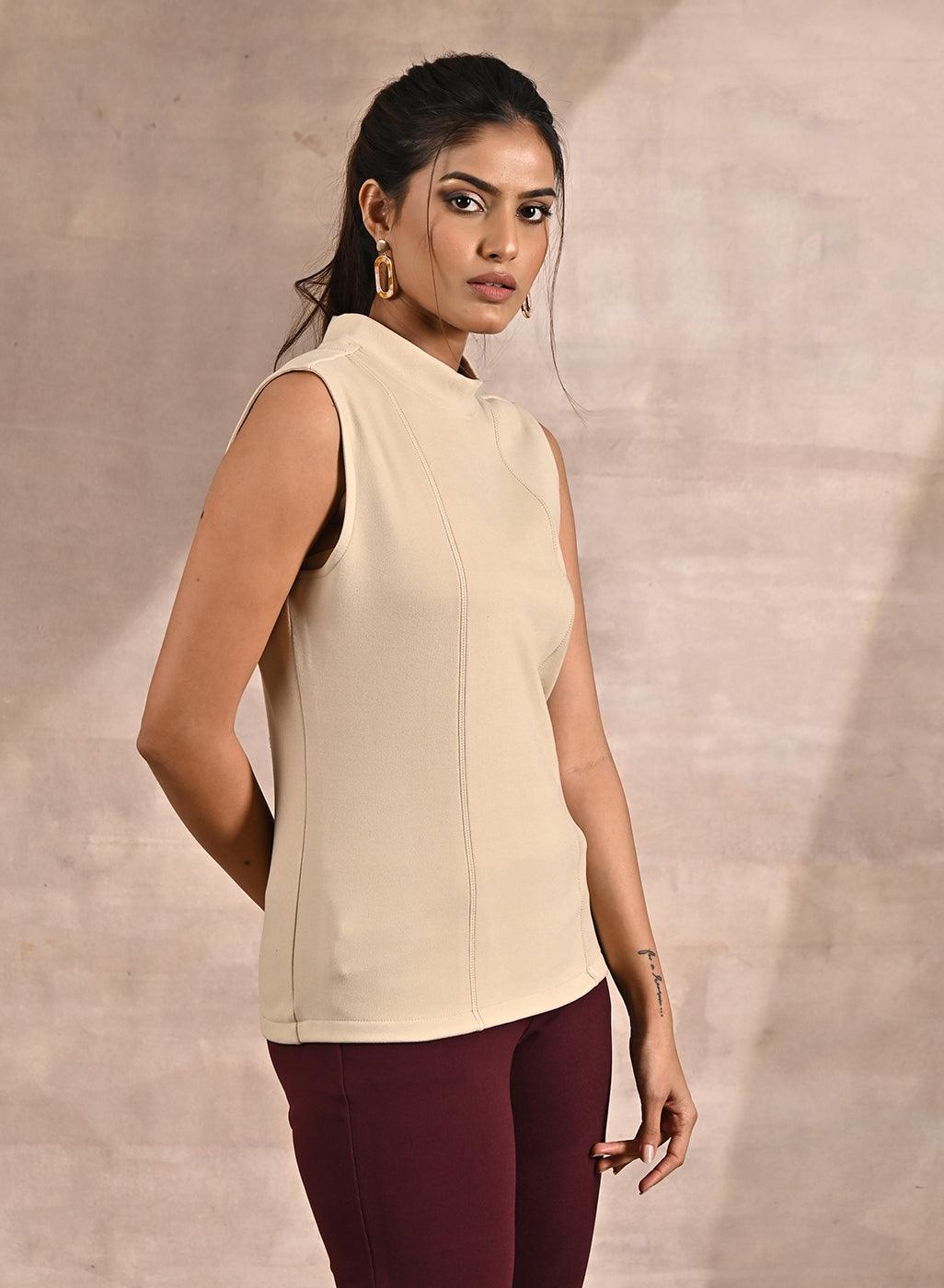 Beige Sleeveless Winter Top with Fine Stich Detailing - Lakshita