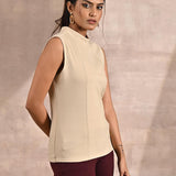 Beige Sleeveless Winter Top with Fine Stich Detailing - Lakshita