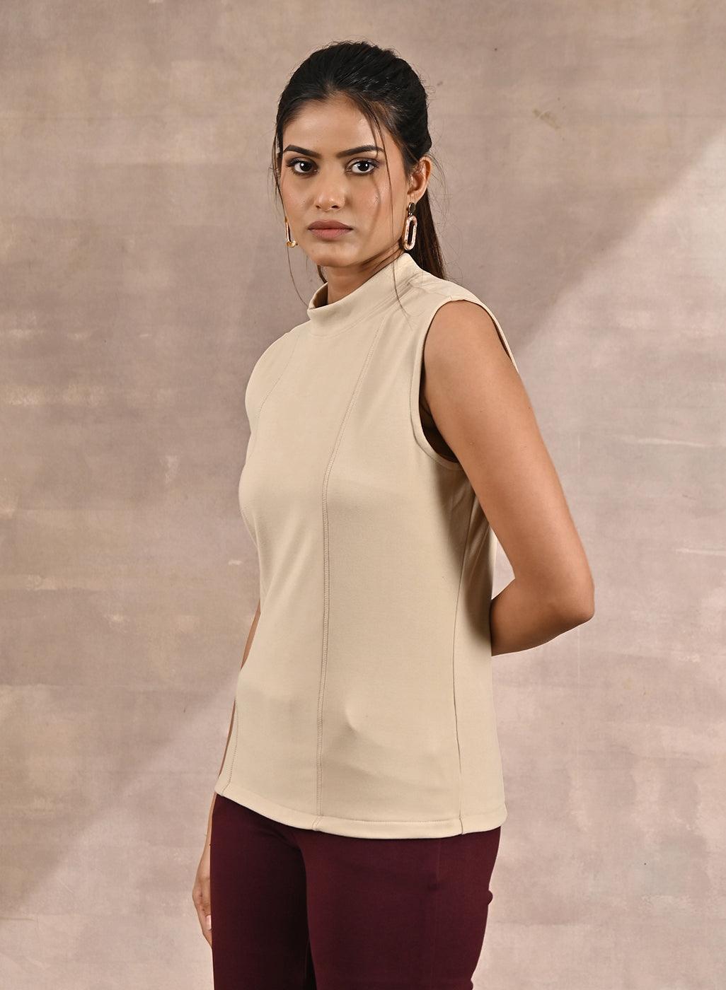 Beige Sleeveless Winter Top with Fine Stich Detailing - Lakshita