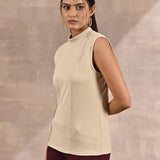 Beige Sleeveless Winter Top with Fine Stich Detailing - Lakshita