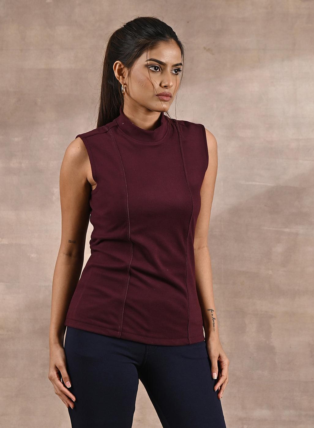 Maroon Sleeveless Winter Top with Fine Stich Detailing - Lakshita