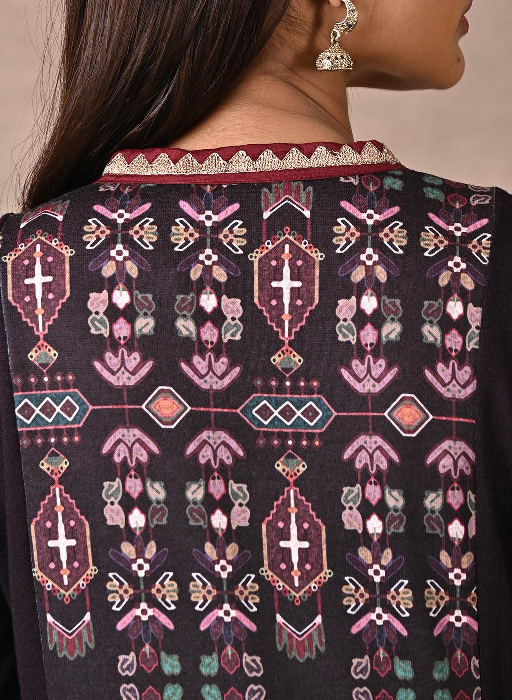 Purple Solid Kurta with Tribal Embroidery and Curved Hem - Lakshita