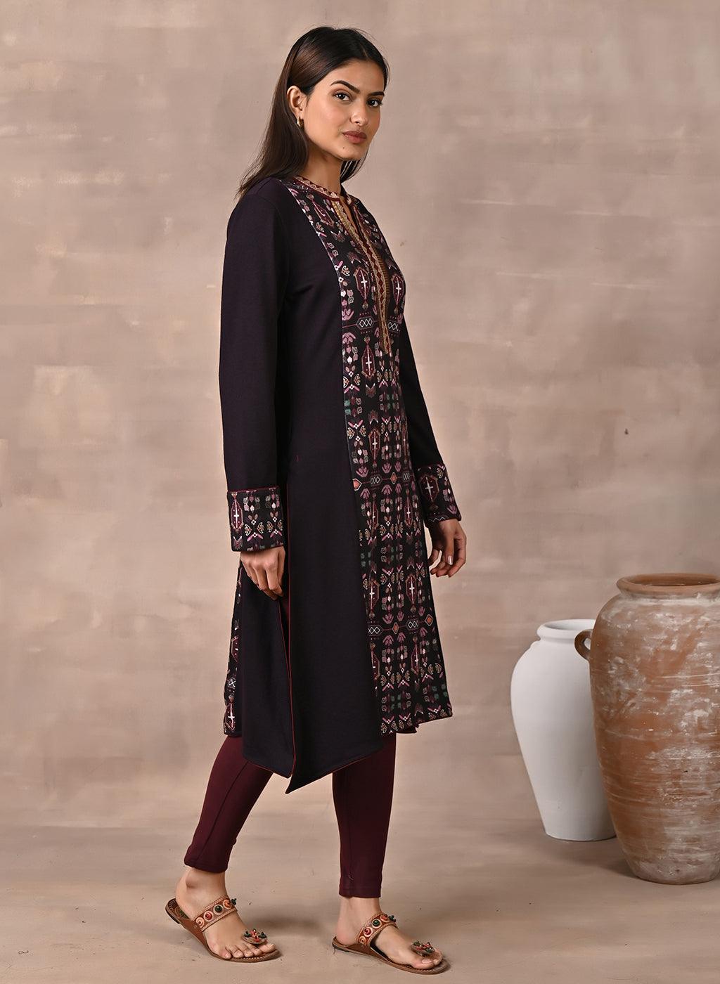 Purple Solid Kurta with Tribal Embroidery and Curved Hem - Lakshita
