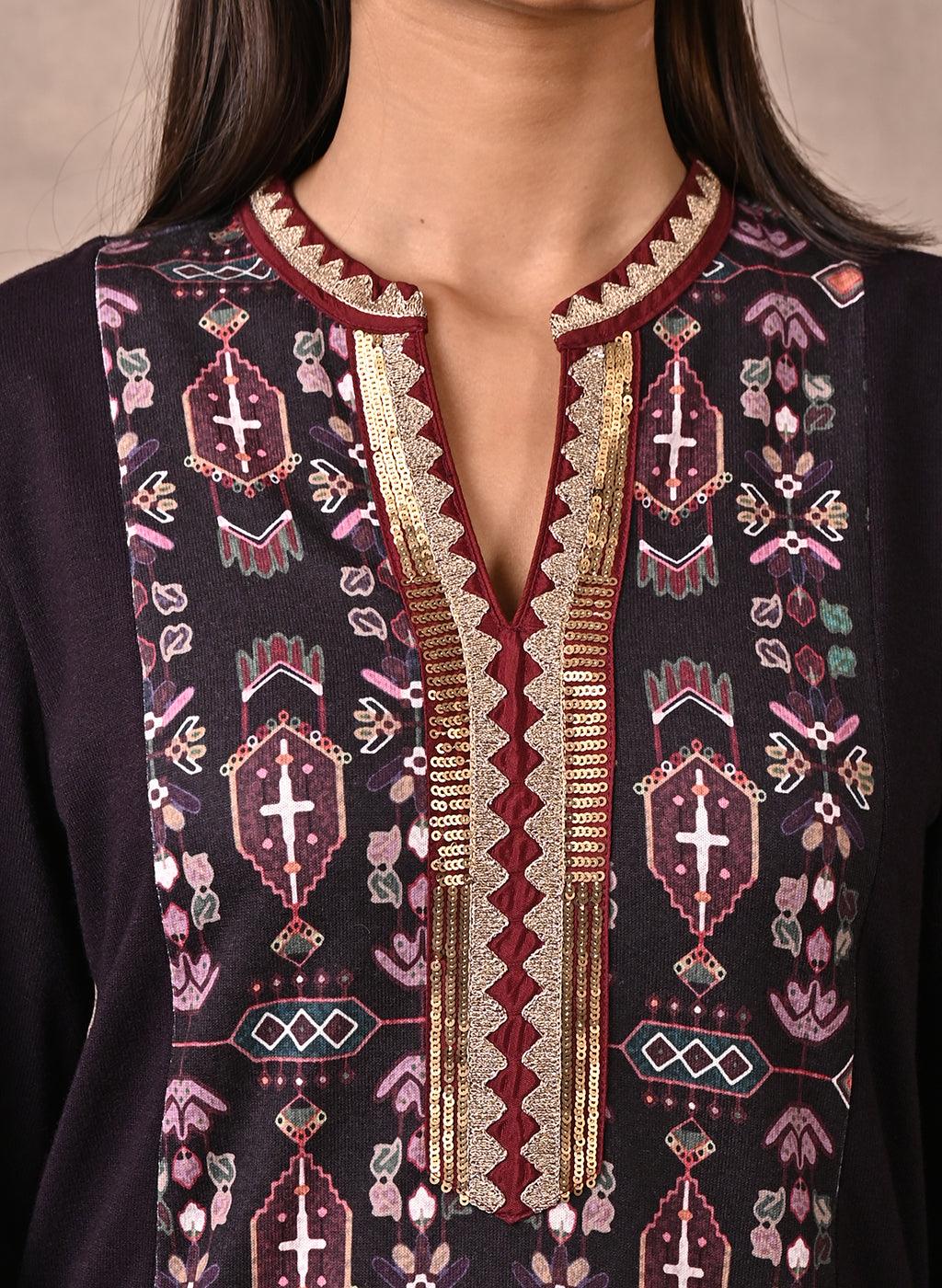 Purple Solid Kurta with Tribal Embroidery and Curved Hem - Lakshita