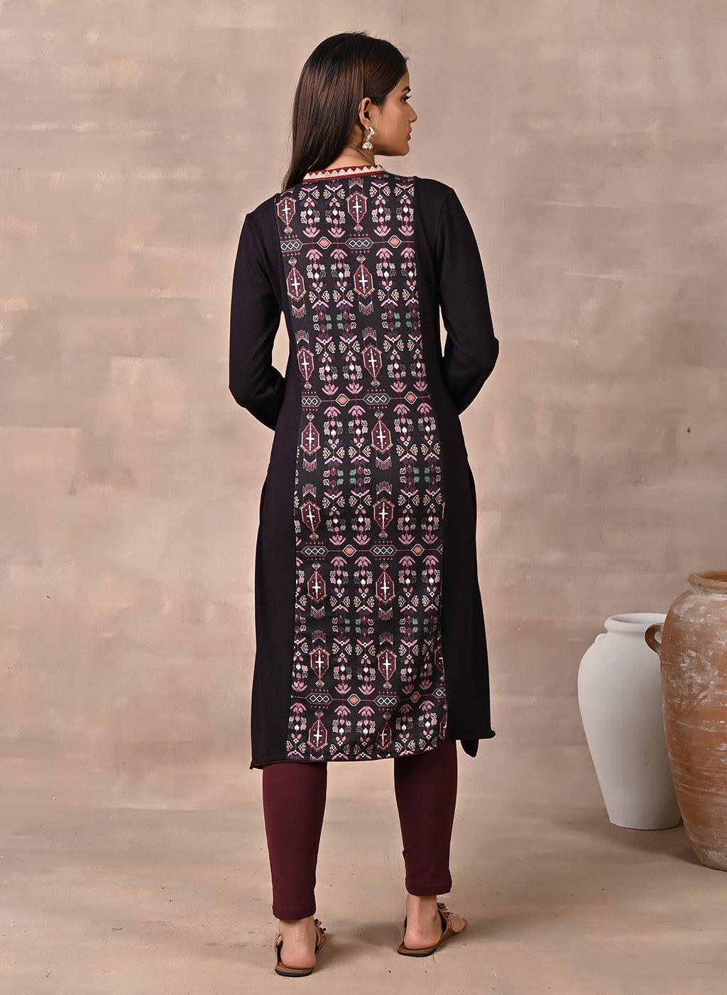 Purple Solid Kurta with Tribal Embroidery and Curved Hem - Lakshita