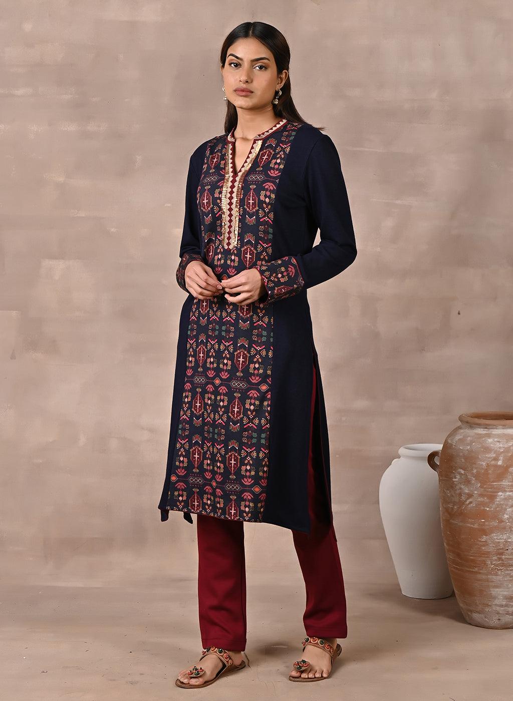 Midnight Blue Solid Kurta with Tribal Embroidery and Curved Hem - Lakshita