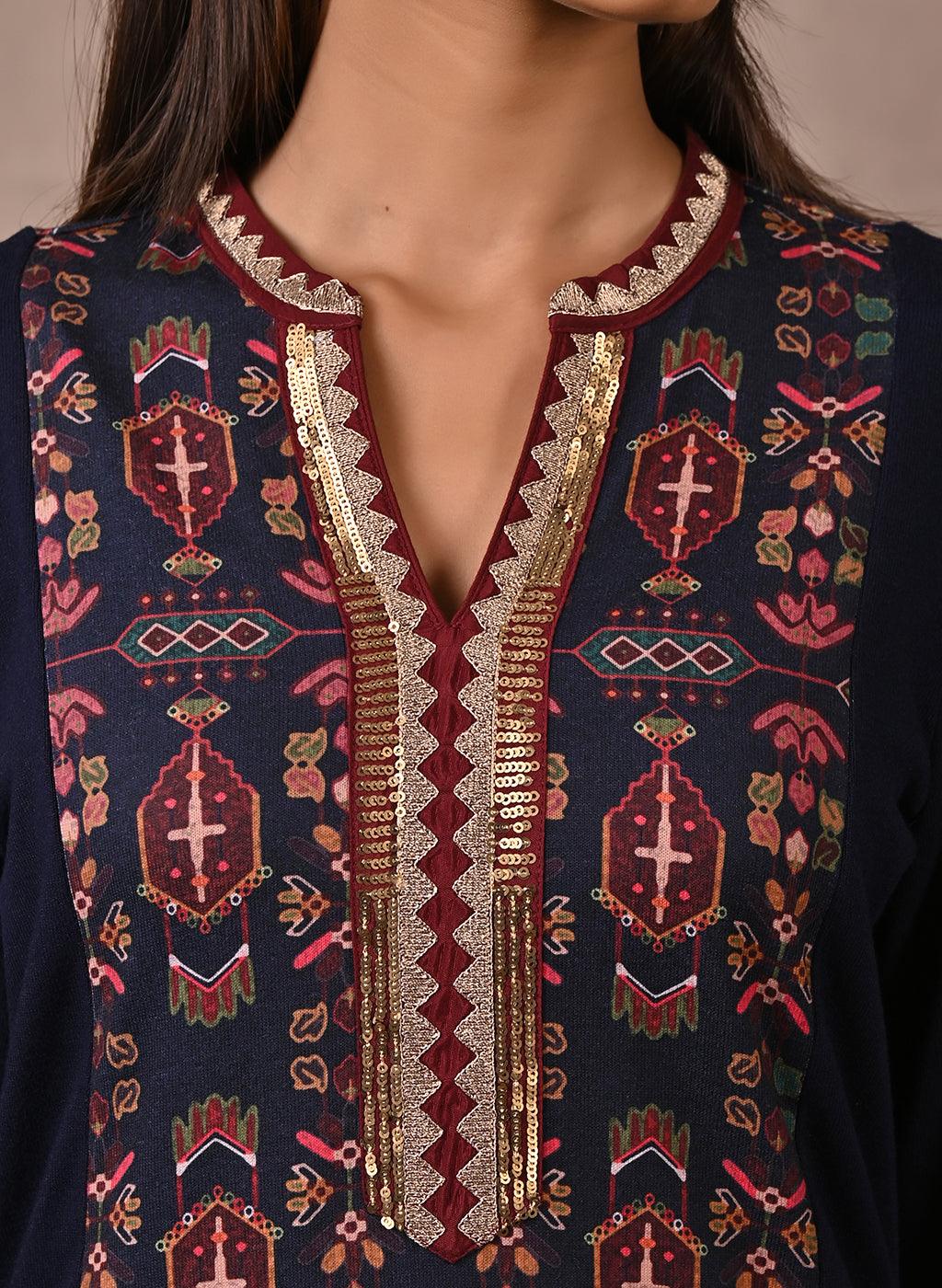 Midnight Blue Solid Kurta with Tribal Embroidery and Curved Hem - Lakshita