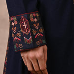 Midnight Blue Solid Kurta with Tribal Embroidery and Curved Hem - Lakshita