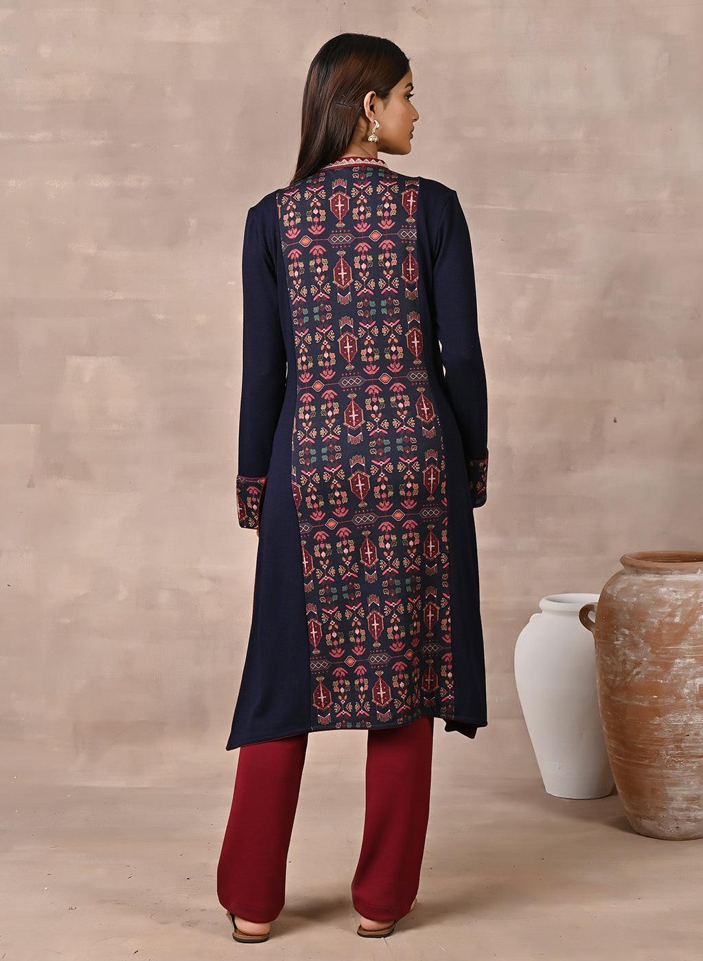 Midnight Blue Solid Kurta with Tribal Embroidery and Curved Hem - Lakshita