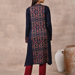 Midnight Blue Solid Kurta with Tribal Embroidery and Curved Hem - Lakshita