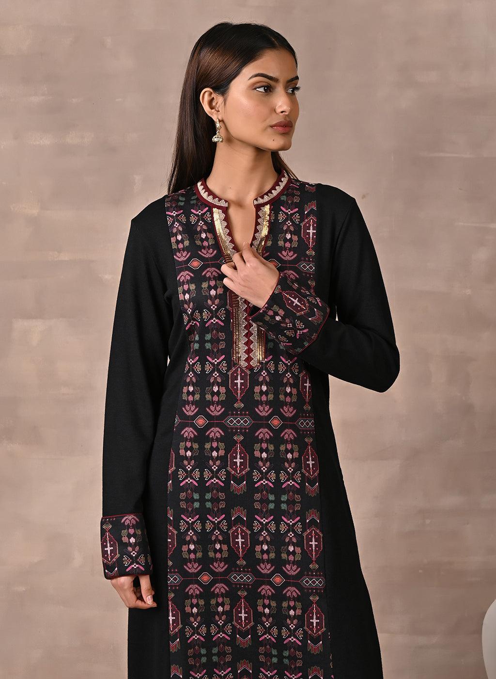 Black Solid Kurta with Tribal Embroidery and Curved Hem - Lakshita