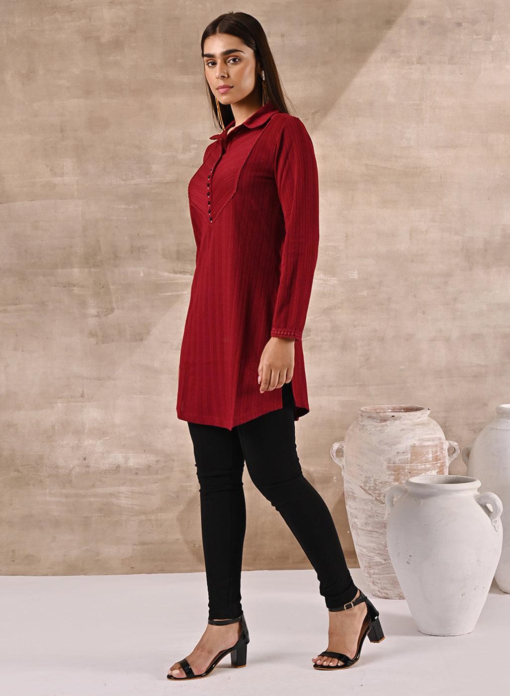 Red Textured Full Sleeve Kurti - Lakshita