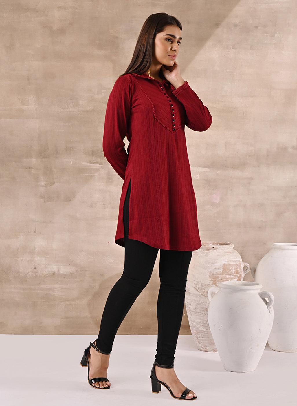 Red Textured Full Sleeve Kurti - Lakshita