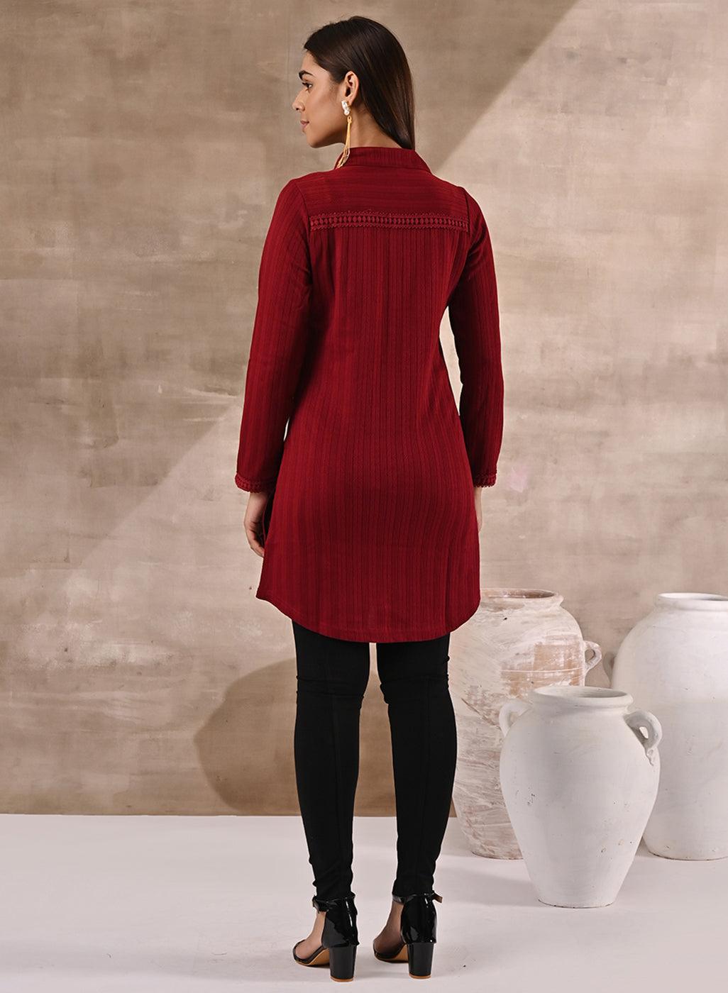 Red Textured Full Sleeve Kurti - Lakshita