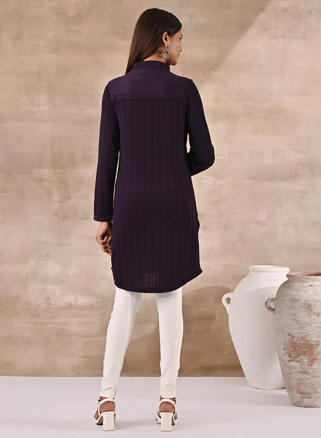 Purple Textured Full Sleeve Kurti - Lakshita