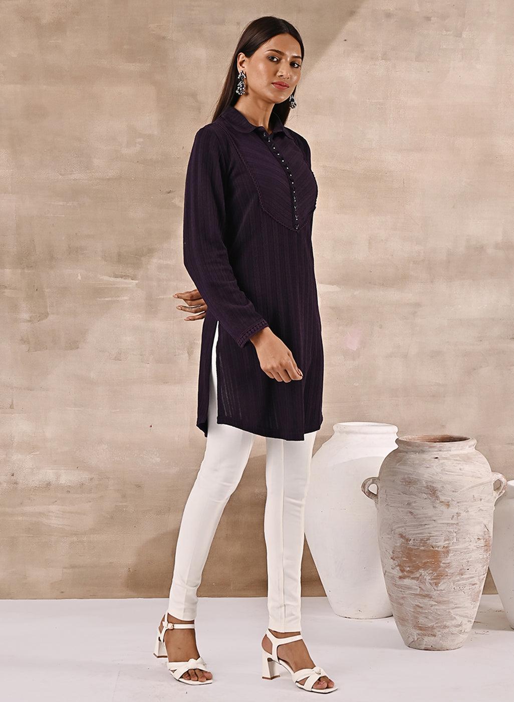 Purple Textured Full Sleeve Kurti - Lakshita