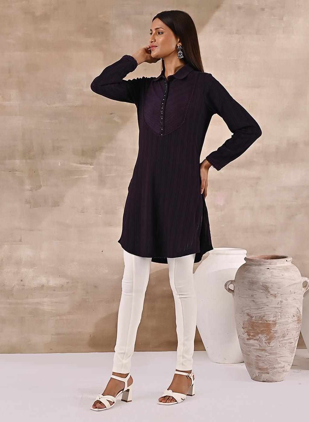 Purple Textured Full Sleeve Kurti - Lakshita