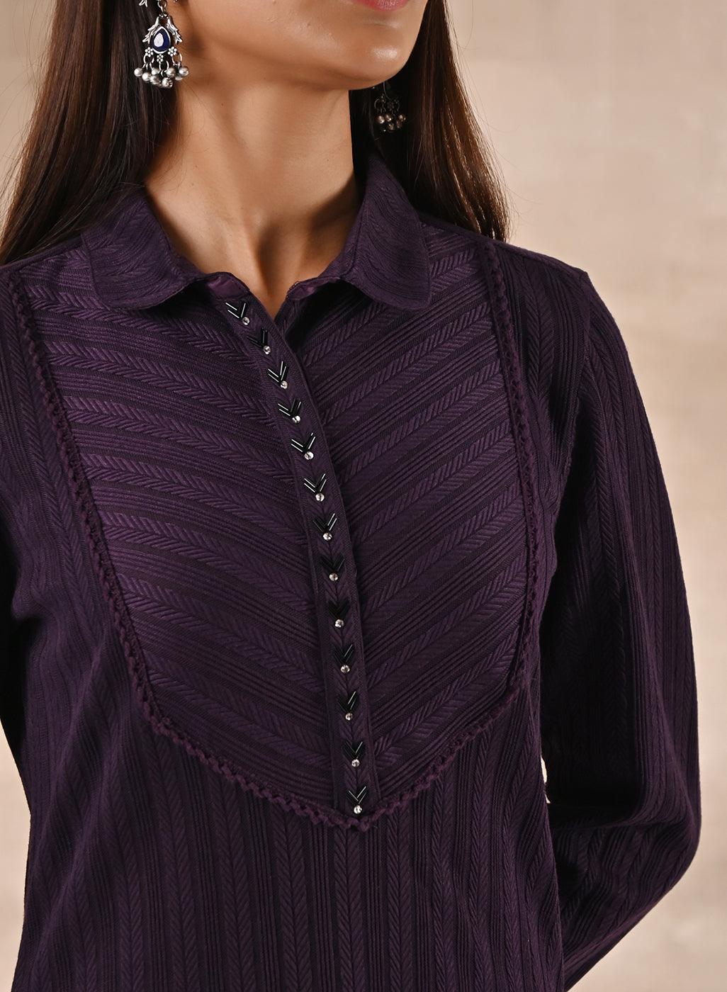 Purple Textured Full Sleeve Kurti - Lakshita