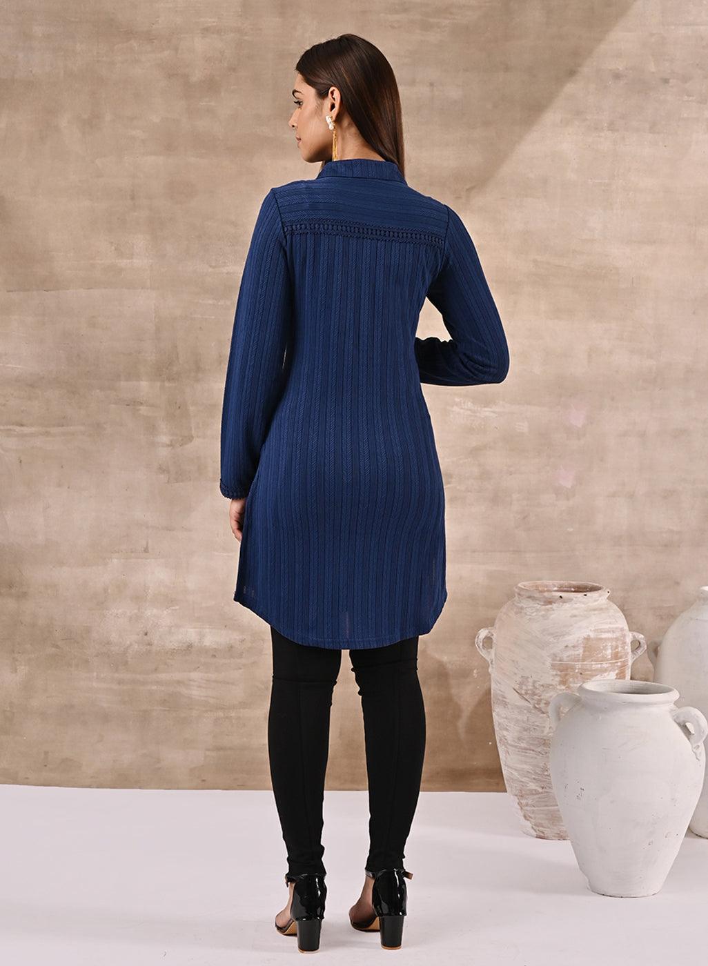 Blue Textured Full Sleeve Kurti - Lakshita