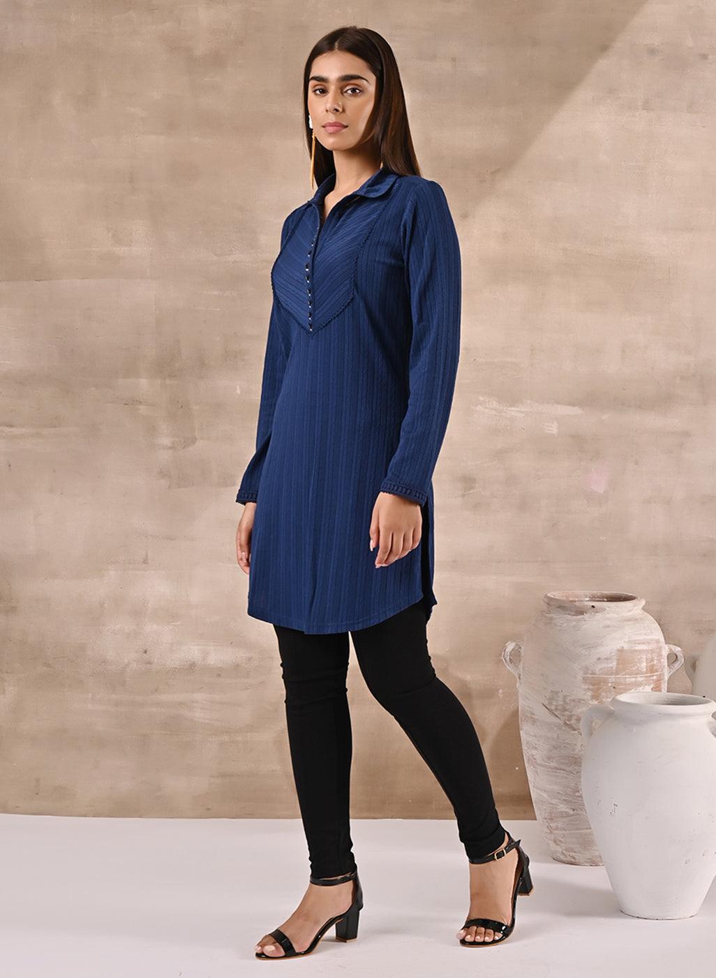 Blue Textured Full Sleeve Kurti - Lakshita