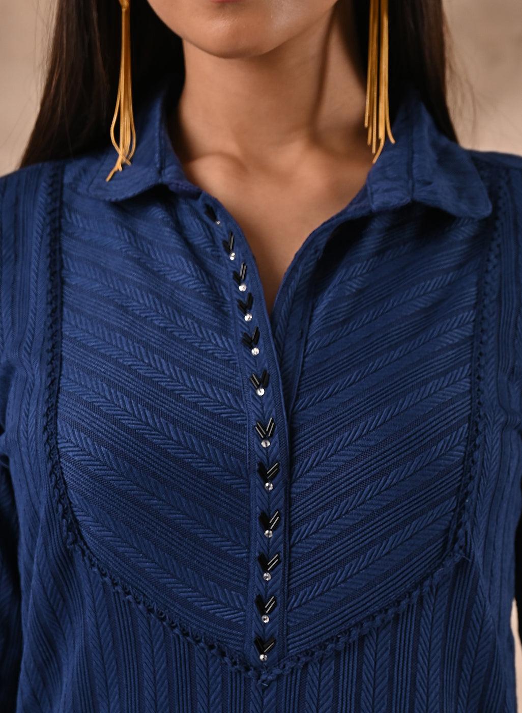 Blue Textured Full Sleeve Kurti - Lakshita