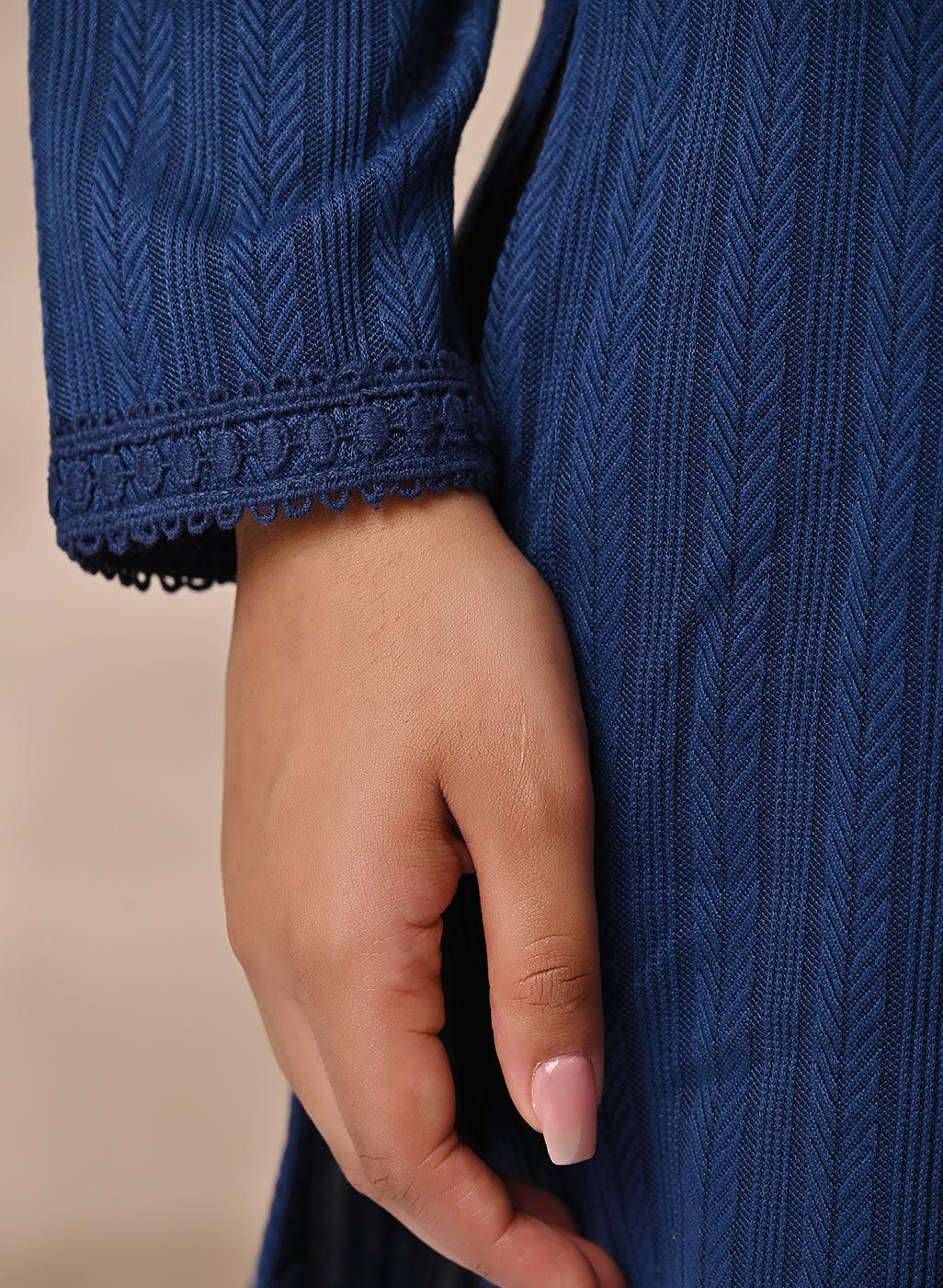 Blue Textured Full Sleeve Kurti - Lakshita