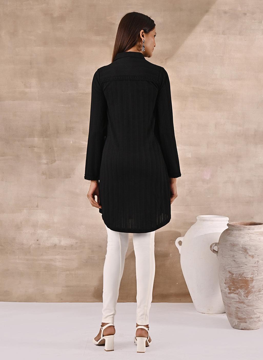 Black Textured Full Sleeve Kurti - Lakshita