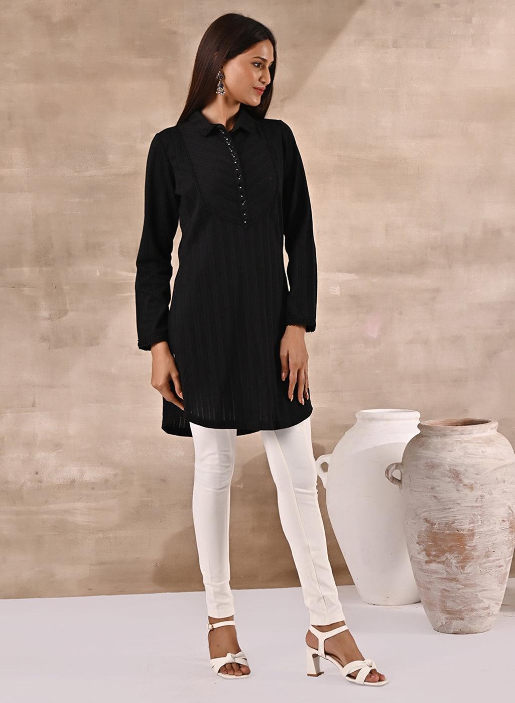 Black Textured Full Sleeve Kurti - Lakshita
