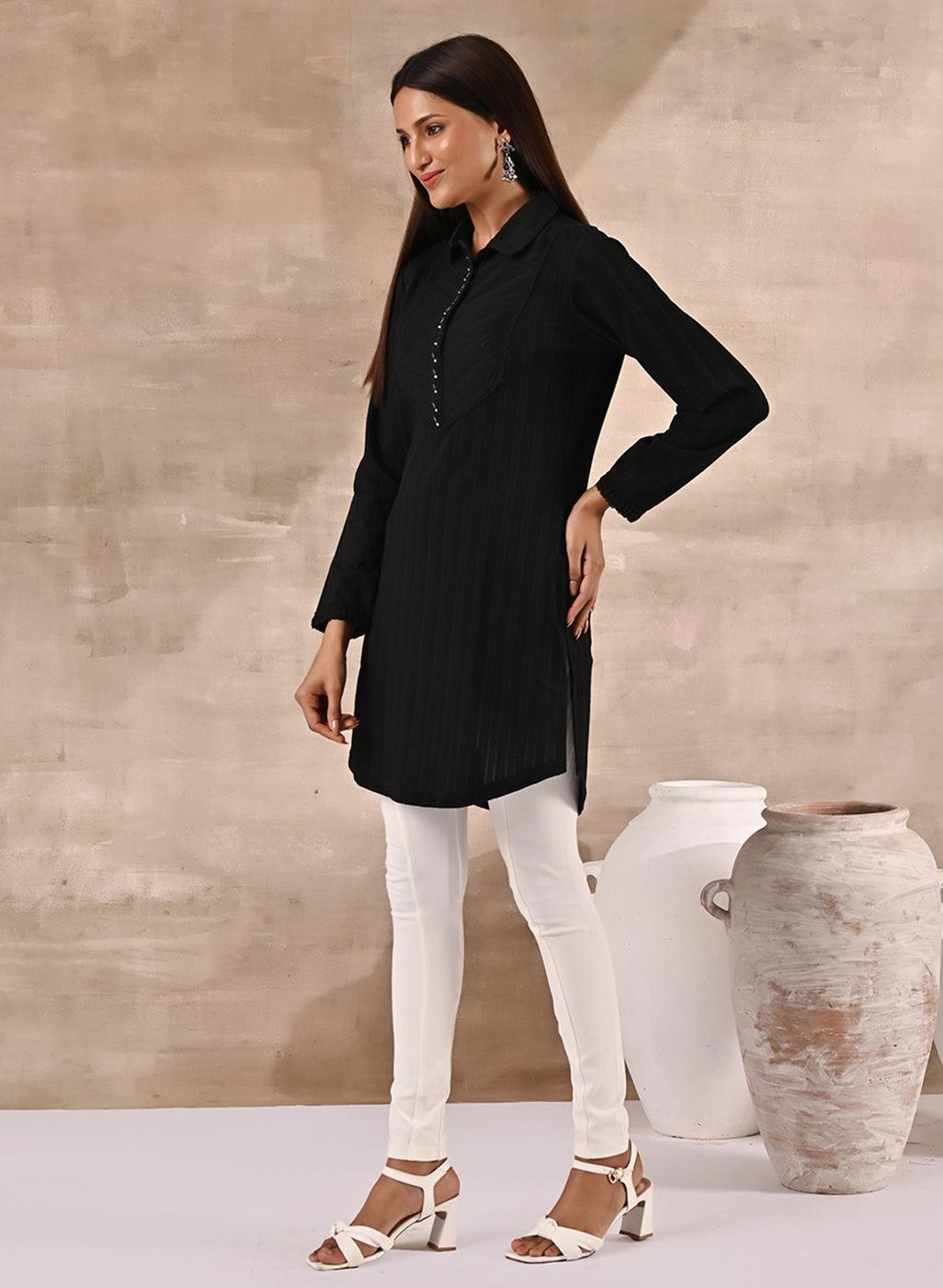 Black Textured Full Sleeve Kurti - Lakshita