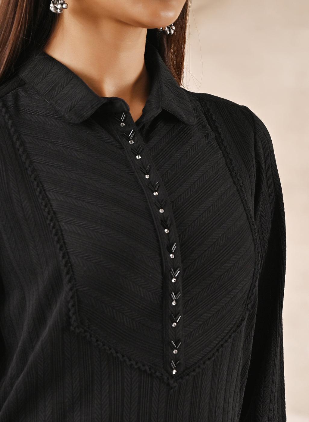 Black Textured Full Sleeve Kurti - Lakshita