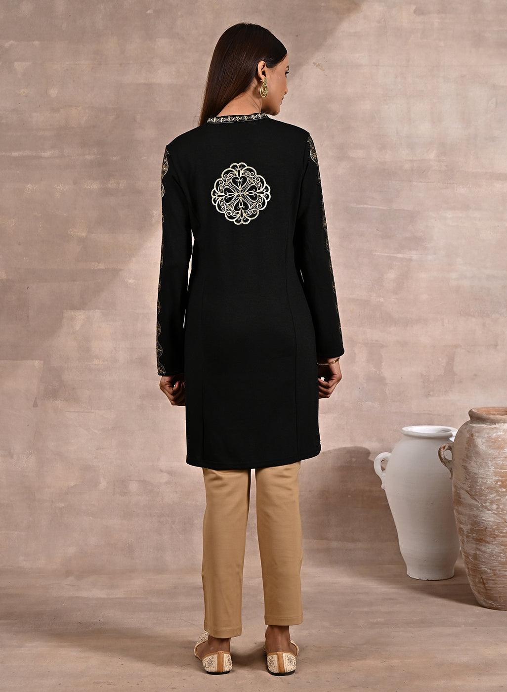 Black Solid Woolen Kurti with Foil Print - Lakshita