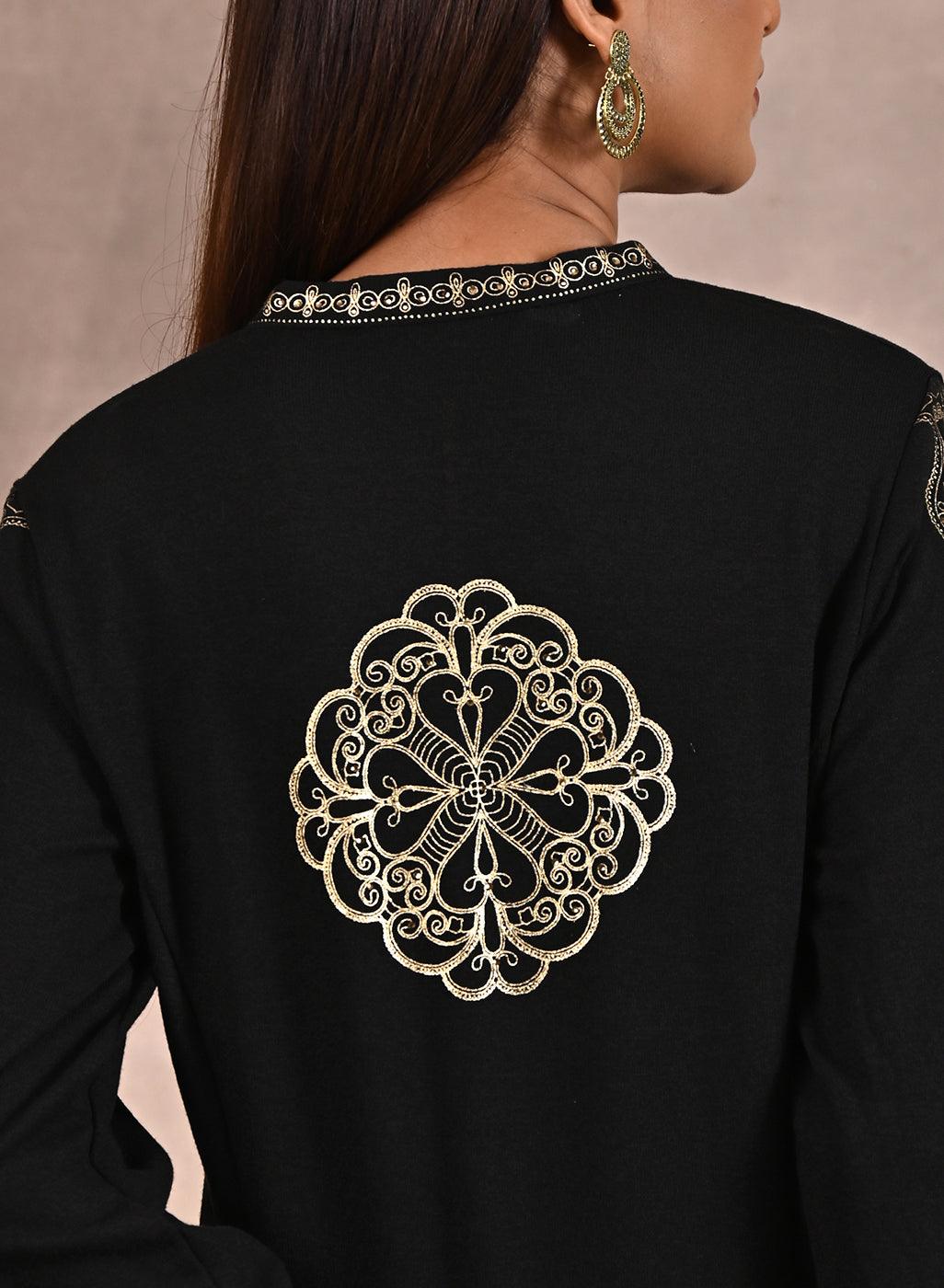 Black Solid Woolen Kurti with Foil Print - Lakshita